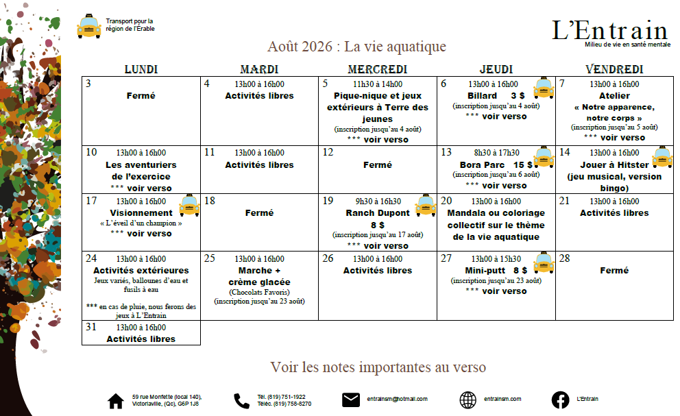 Activités du mois d'août 2026