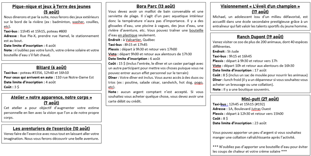 Activités du mois d'août 2026