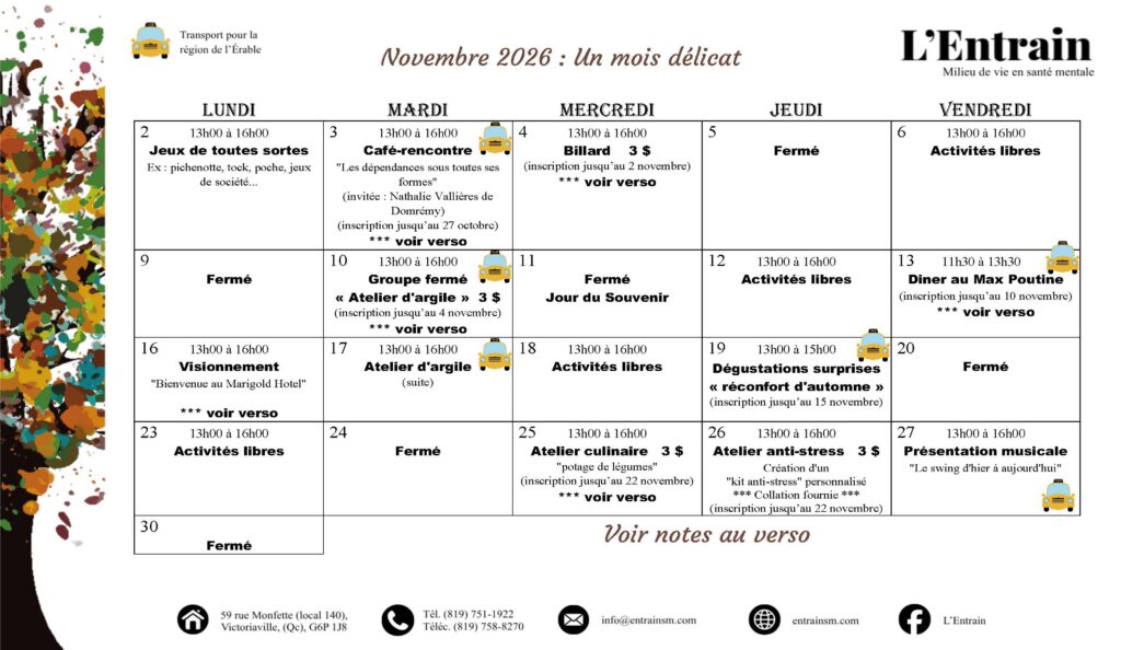 Activités de novembre 2026