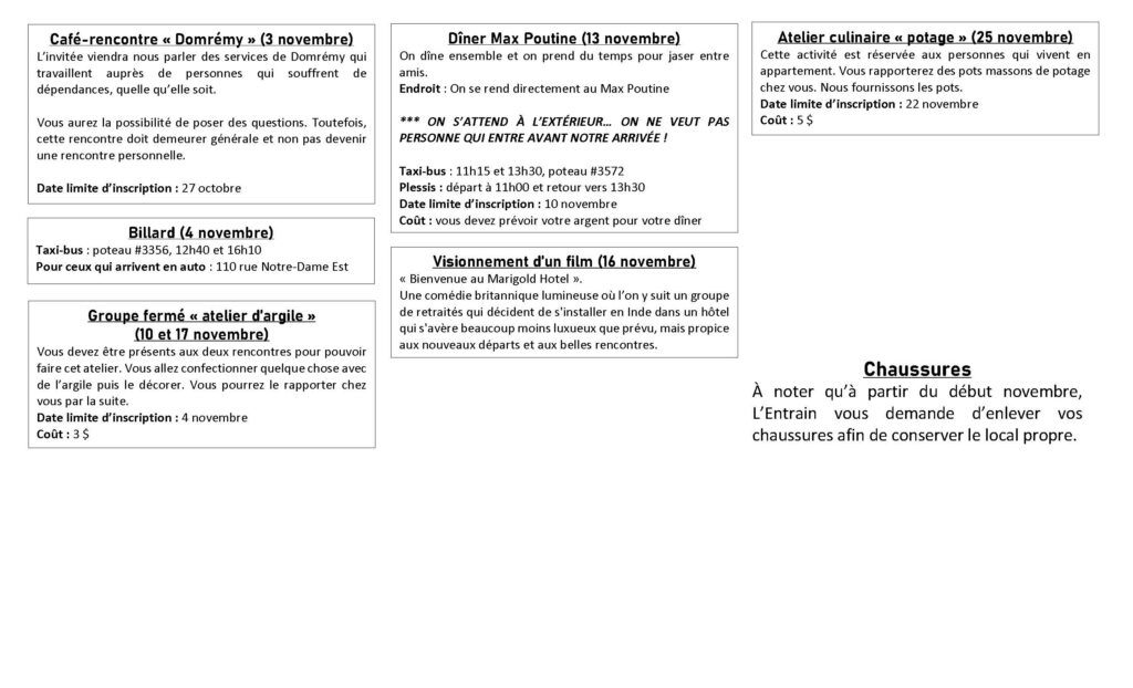 Activités de novembre 2026
