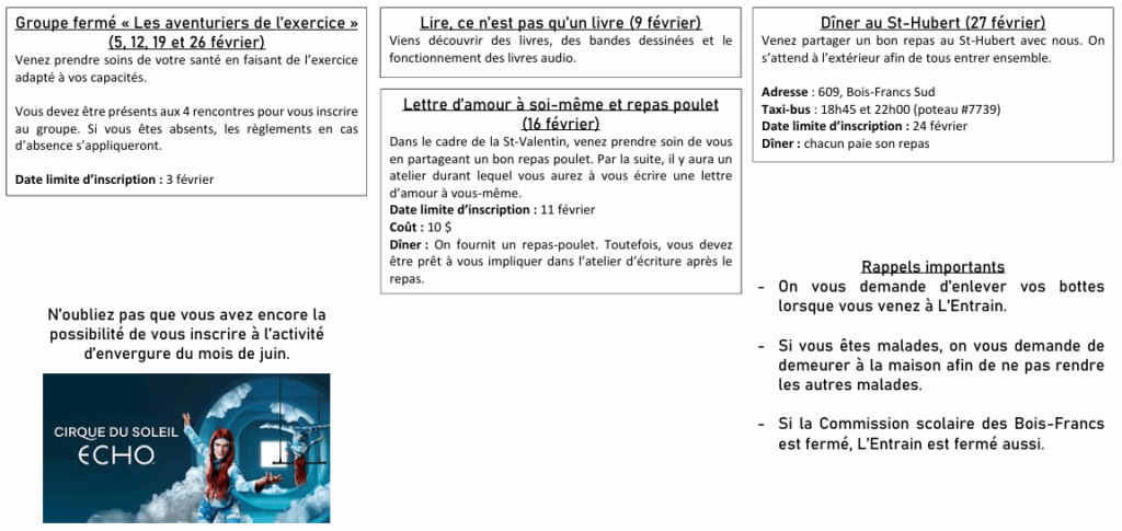 Activités de février