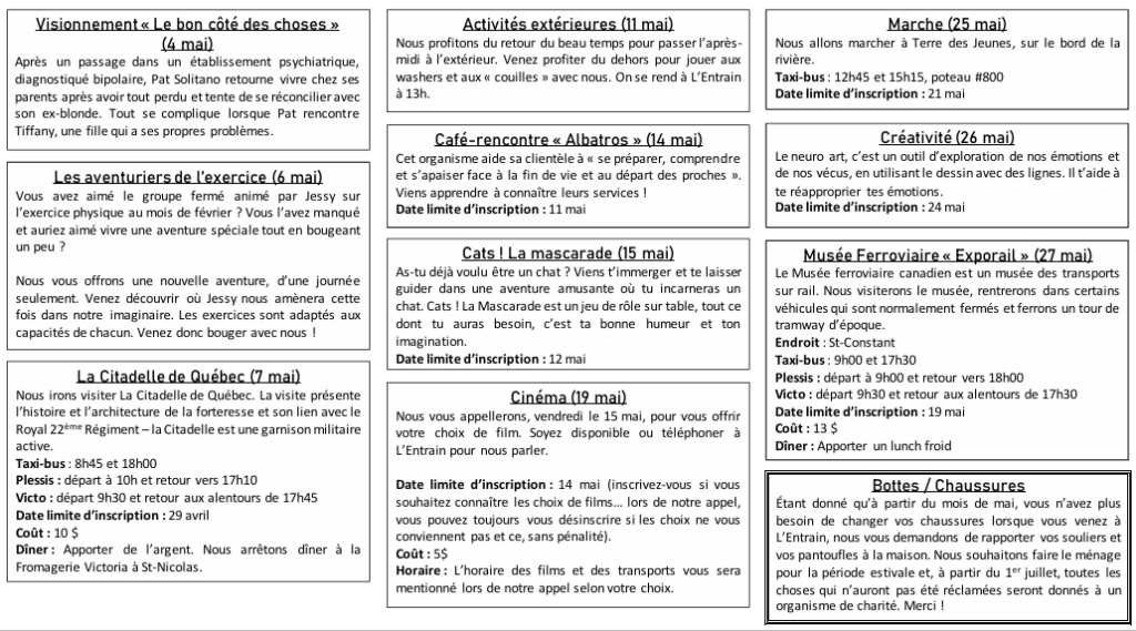Activités de mai 2026