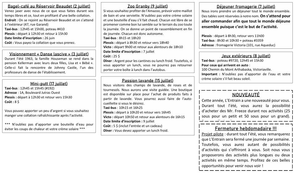 Calendrier des activites de juin