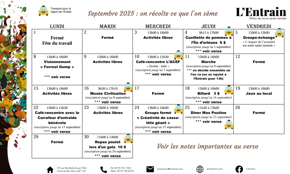 Calendrier des activités de septembre 2025