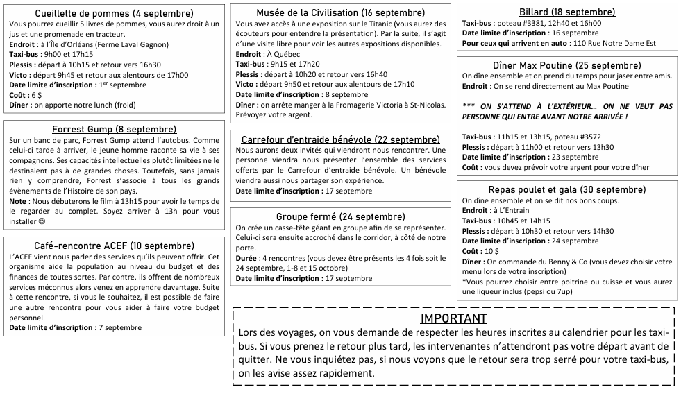 Calendrier des activités de septembre 2025