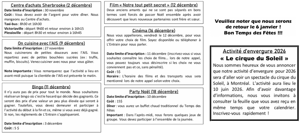 Activités de décembre 2025