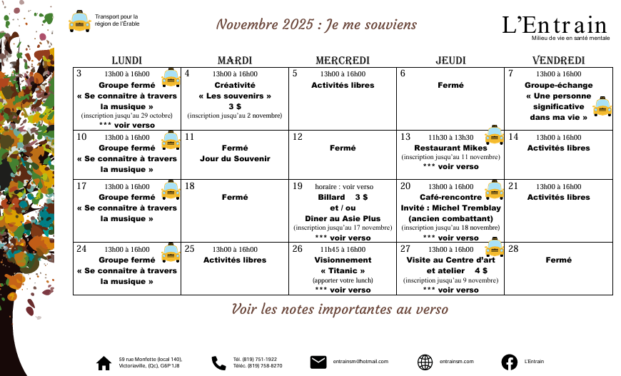 Calendrier des activités de novembre 2025