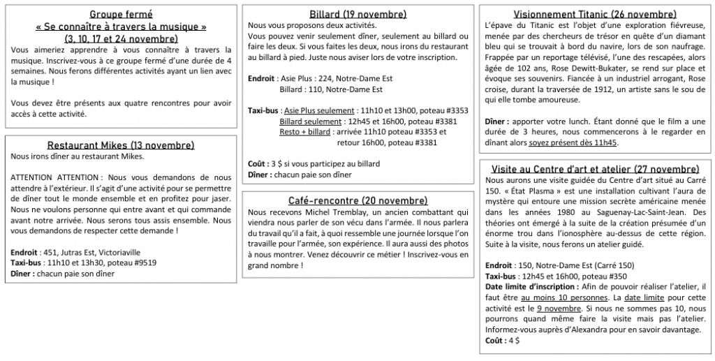 Calendrier des activités de novembre 2025