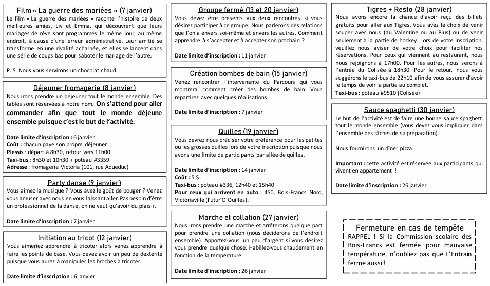 Activités de janvier
